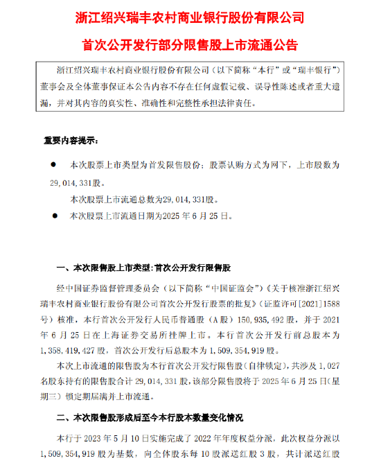 瑞丰银行：首次公开发行部分限售股上市流通 流通日期为2025年6月25日  第1张