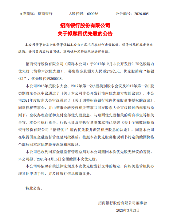 招商银行：拟于4月15日全额赎回“招银优1”  第1张